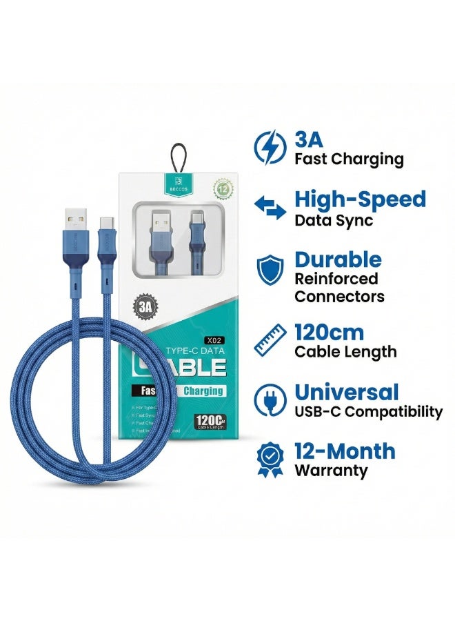 كابل شحن سريع BECCOS USB إلى تايب سي بطول 120 سم – قدرة 3 أمبير نقل بيانات سريع، سلك مجدول متين – أزرق